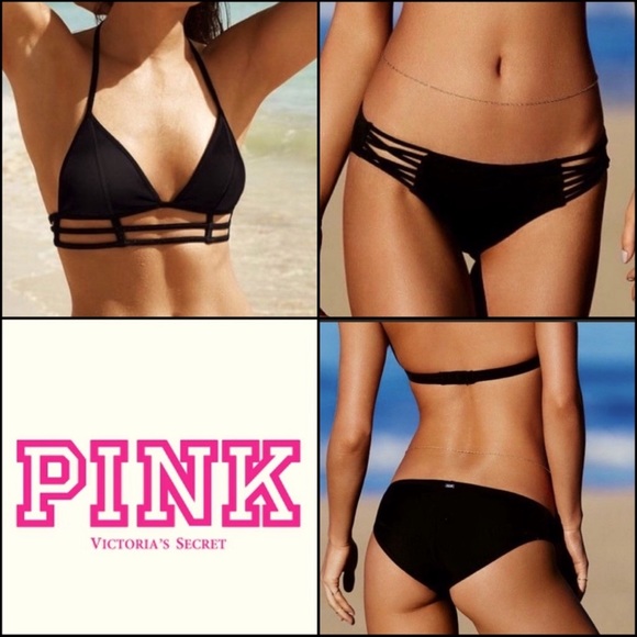 Victoria’s Secret PINK strappy triangle bikini top and bottom in black medium - Picture 3 of 6